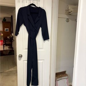 Mango navy blue satin belted jumpsuit 8